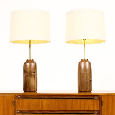 Studio Craft Walnut Table Lamps — Lathe Turned with Brass Detailing — Pair — TL2 