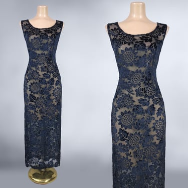 VINTAGE 90s Sheer Burnout Velvet Midnight Blue Maxi Dress | 1990s See Through Over Dress | VFG 