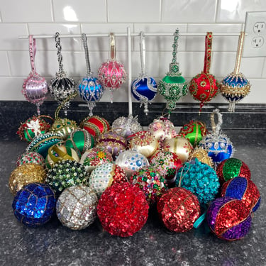 Sold Individually - Vintage Pushpin Sequin Rhinestone Jeweled Christmas Ornaments, Assorted Sizes & Styles, Vintage Hand Beaded Pinned Satin 