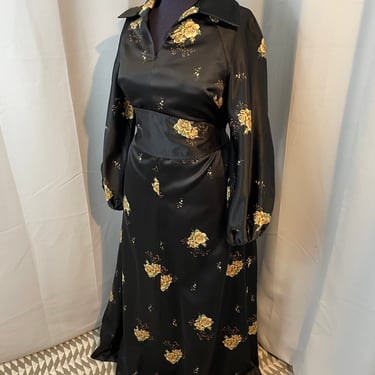 70s Black Rose Satin Maxi Dress floral goth Gown Prairie L 