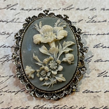 vintage floral cameo brooch blue flowers carved pin 