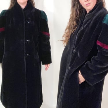 Vintage 80s Plus Size Colorblock Faux Fur Trench Length Coat Made In USA Size XL/2X 