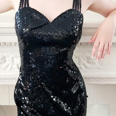 Vintage 90s Sequined Party Dress Black Sleeveless Niteline Della Roufagoli 