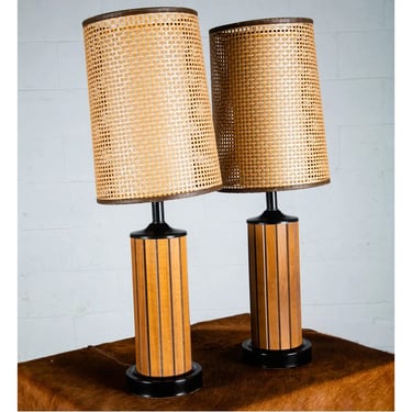 Mid Century Modern Lamp Set Table Light lighting Walnut Wood Cane Shade Pair Set