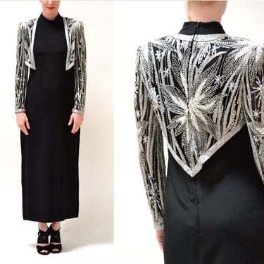 Vintage BOB MACKIE Dress Sequin Gown Size Medium// Vintage Black Evening Gown with Sequin and Beaded Bolero Jacket by Bob Mackie Stars 