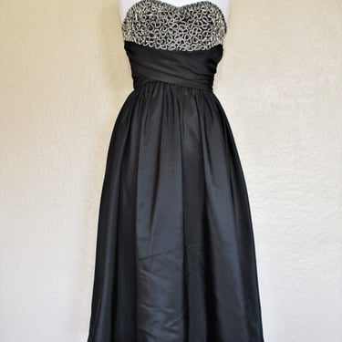 Vintage Mike Benet Formals Dress, Small Women, Black Taffeta, strapless, fit and flare, embellished top 