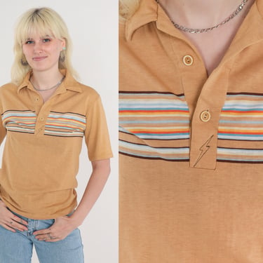 Striped Polo Shirt 80s Tan Collared T-shirt Retro Half Button Up Preppy Distressed Casual Lightning Bolt Orange Blue Vintage 1980s Small S 