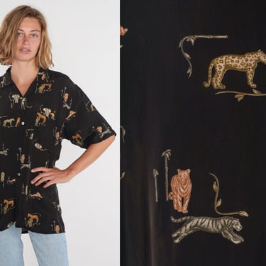Safari Animal Shirt Y2k Black Button Up Shirt Lion Tiger Giraffe Elephant Jungle Print Short Sleeve Retro Novelty Vintage 00s Mens Medium 
