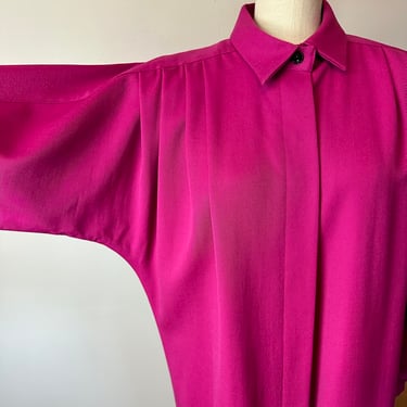 1980’s shop coat style dress~ layer up dress~ PSI brand~ retro new wave power jacket duster~ bright pink statement piece~ size Small 4ish 