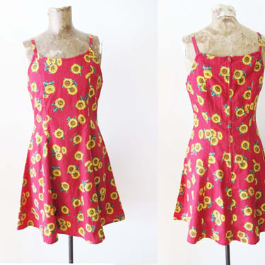 Vintage 90s Red Sunflower Mini Dress XS S - 1990s Spaghetti Strap Floral Skater Dress 