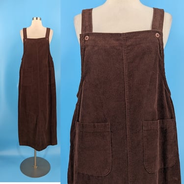 Vintage 90s Bill Blass Brown Corduroy Overall Dress - Nineties Size 10 