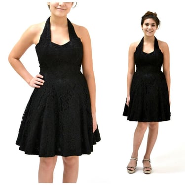 Vintage Black Prom Dress Lace Party Dress 80s 90s XS Small Crinoline Skirt// 90s Vintage Prom Dress Black Small Halter neck Black Lace 