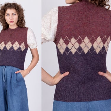70s Argyle Sweater Vest - Small to Medium | Vintage Red Purple Retro Wool Knit Top 
