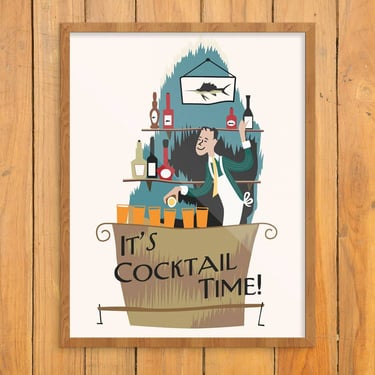 11'' x 14'' It's Cocktail Time Mid-Century Bartender Print