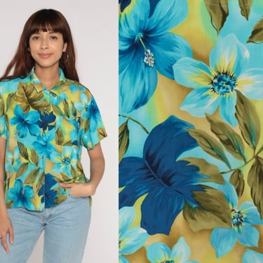 Hawaiian Blouse Y2K Tropical Floral Button Up Shirt Hibiscus Flower Leaf Print Short Sleeve Top Blue Green Vintage 00s Liz Claiborne Large L 