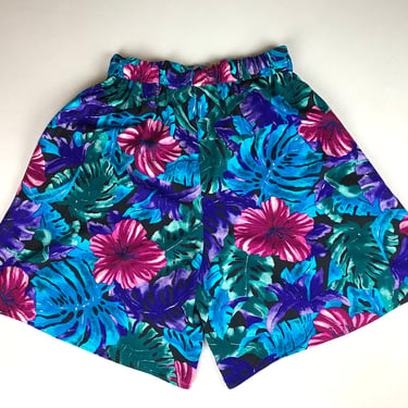 Vintage 90s Floral Hibiscus Basic Editions Rayon Shorts Size 30” Waist 