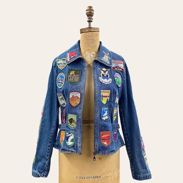 Vintage Denim Jacket 1990s Retro Size Medium + Womens + Travel Patches + Blue + Long Sleeve + Zip Front + Buckle Sides + Apparel + Fashion 