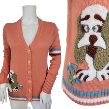 1970's Peach Acrylic Button Down Letterman Style Cardigan Sweater I Sz Med I Knitalia I Dog Motif 