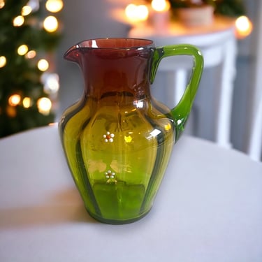 Antique Rubina Verde Pitcher Optic Ribbed Hand Painted Enamel Hand Blown 