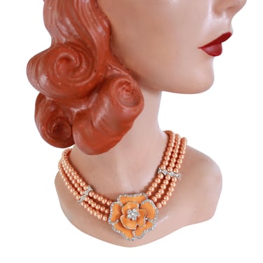 1960s Orange Pearl Beaded Triple Strand Necklace - 1960s Orange Bead Necklace - 1960s Orange Necklace - Orange Flower Necklace 