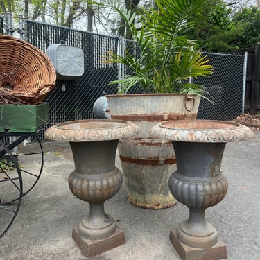 Vintage French Iron Urn Planters, Pair 