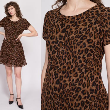 90s Leopard Print Babydoll Dress Medium | Vintage Boho Grunge Short Sleeve Mini Dress 