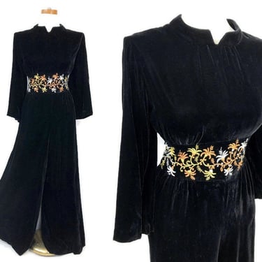 VINTAGE 60s Luxe Black Rayon Velvet and Metallic Palazzo Pants Jumpsuit by Barsarobe Size L | 1960s 40s Style Gothic Wide Leg Loungewear VFG 