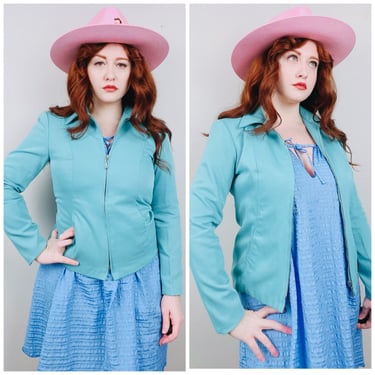 1990s Vintage Hill Country Baby Blue Zip Jacket / 90s / Nineties Rayon Fully Lined Coat / Size Medium 