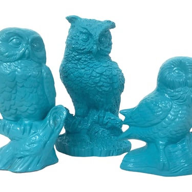 x3 Vintage Turquoise Owl Figurines | Mid-Century Modern Color Pop Owl Statues | Boho Garden / Nursery Decor | Made in Japan 