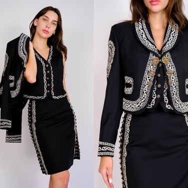Vintage 50s Mariachi Black & Silver Thorn Embroidered Bolero Three Piece Set w/ Rose Chain Accents | Collectible | 1950s 1960s Mariachi Suit 