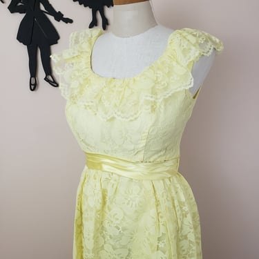 Vintage 1960's Lace Cocktail Dress / 60s Yellow Formal Dress M 