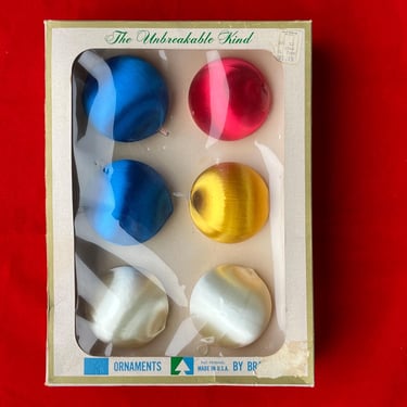 satin Christmas ornaments 1960s silky kitsch spun balls Bradford Unbreakable box of 6 