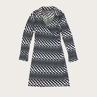 (M) Black and White Polka Dot Surplice Wrap Collared Midi Dress