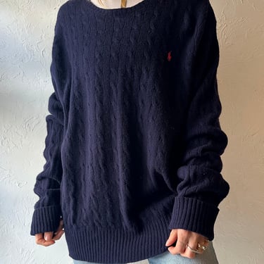 90s ‘Ralph Lauren’ Blue Cable Knit Wool Sweater / XL 