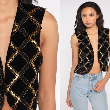 Cropped Velvet Vest Embellished Sequin Top Boho 80s Sparkly Shirt Metallic Gold Diamond Open Front Vintage Retro Crop Top Sleeveless Small S 