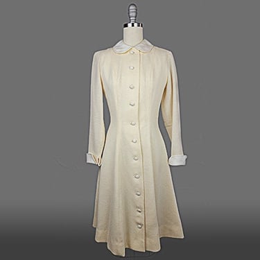 Princess Coat / 1960s Coat Dress / 1960s Ivory Wool Dress with Peter Pan Collar / Evening Coat / Size Small Medium 