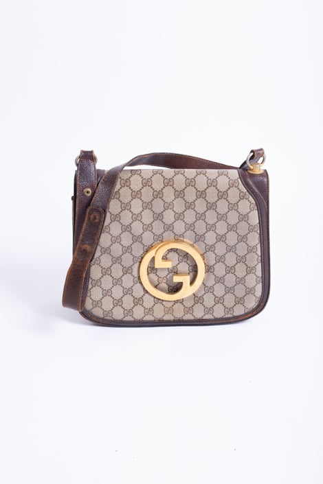 Rare 1970s GUCCI Monogram Blondie Bag in Beige + Brown Canvas and Leather with Adjustable Strap GG Logo Jackie 70s 
