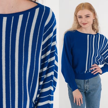 Blue Striped Sweater 80s Dolman Sleeve Sweater Knit Pullover Jumper Retro Boatneck Slouchy Batwing Boat Neck Vintage 1980s Acrylic Small S 