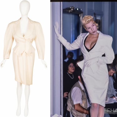 Thierry Mugler 1987 S/S Runway Vintage Cream Wool Structured Skirt Suit Sz S 
