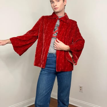 30s NRA label Red velvet jacket with topstitching and bell sleeves 