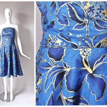 blue + gold Hawaiian hibiscus floral print handmade fit and flare dress | summer pinup circle w/ tie bow back | rockabilly luau 