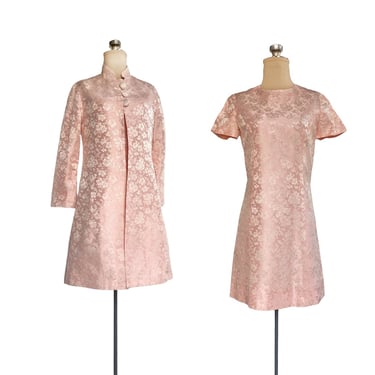 Vintage 60s pink floral brocade mod dress set 