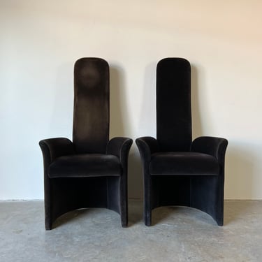 Postmodern High-Backed Armchairs With Chocolate Mohair Upholstery - a Pair 