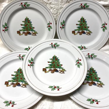 5 EVC Tienshan Holiday Hostess Christmas Tree Holly Border Gold trim rim  8” Plates Vintage Replacement Christmas Holiday Table Dinnerware 