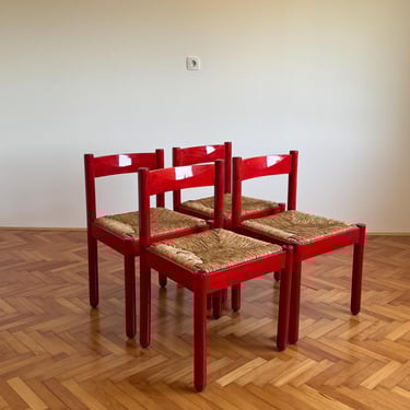 SET of 4 Vintage Red Carimate  Chairs by style Vico Magistretti / Wooden Dining Chairs with Woven Seat / Made in Italy / 1970s 