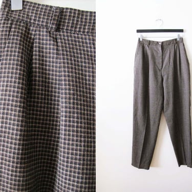 Vintage 90s Brown Plaid Pants 28 - High Waist Brown Houndstooth Trouser Pants - Tapered Leg Preppy Academia Pleated Womens Pants 