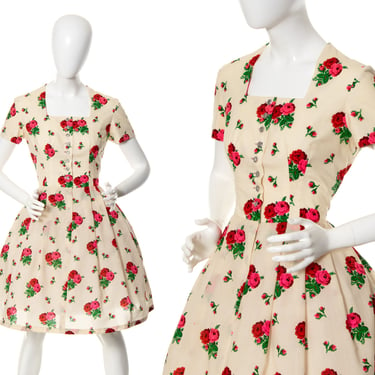 Vintage 1970s Shirt Dress | 70s does 1950s Rose Floral Printed Cream Fit and Flare Dirndl Full Skirt Shirtwaist Day Dress (medium/large) 