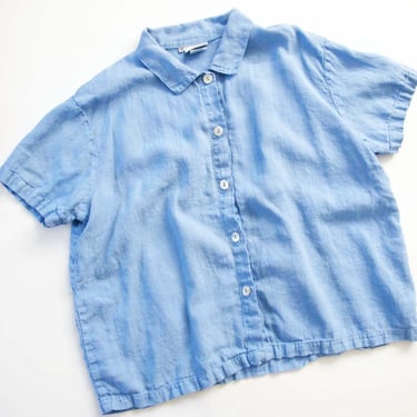 Vintage 90s Cornflower Blue Linen Top L - 1990s Boxy Linen Short Sleeve Button Up Blouse - Natural Fiber Clothes 