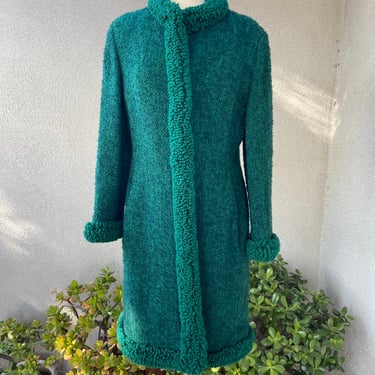 Vintage wool tweed blue green coat wooly thick yarn trim pockets by Continent Style sz S/M 