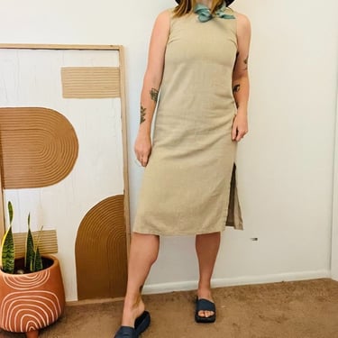 Vintage 90s Beige Linen Sleeveless Midi Side Slit Summer Dress 